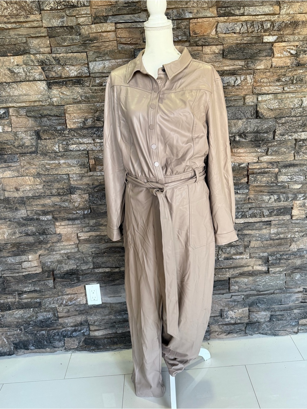 Lane Bryant Taupe Button-Front Tie-Waist Jumpsuit